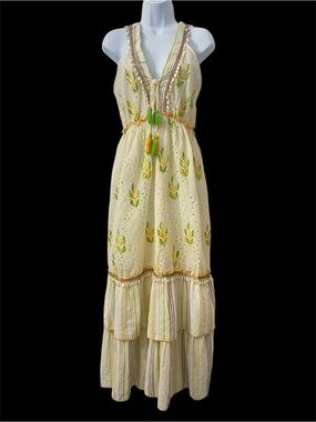 Women’s Cotton Halter Embroidered Beaded Maxi Dress Cottage Boho Festival S/M